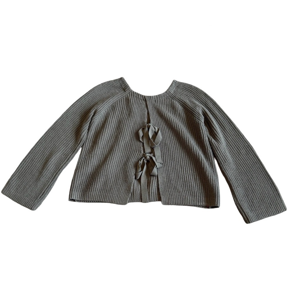 Final Touch Grey Pullover Sweater Woven Tie Bow Back Stretch Size Small Women's
